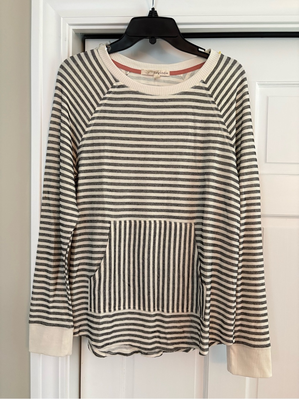 Rewind Cream & Gray Striped Pocket Pullover